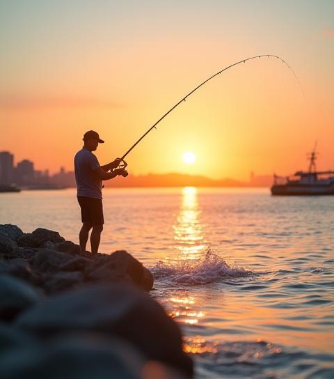 Angler casting fishing rod at sunrise along Yokohama bay