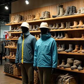 Fishing jackets, hats, and boots on display